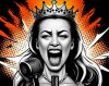 Bigmouth Strikes Again. Illustration of a woman with a crown shouting into a microphone against an orange burst background, evoking a comic book style. [Alt text by ALT Text Artist GPT]