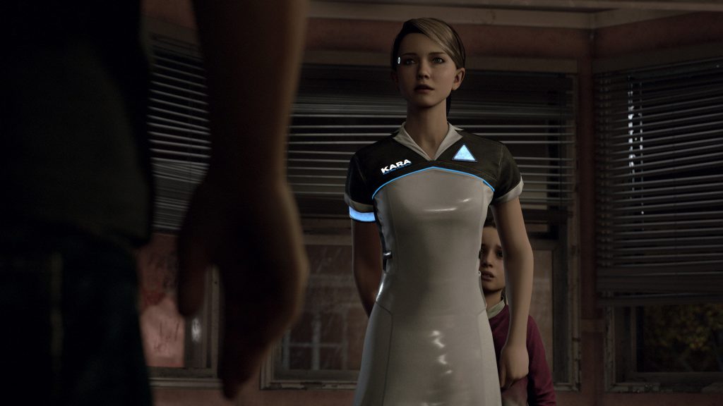 Detroit: Become Human. Game artwork. In this frame, Kara, a domestic android, stands up to her abusive owner and defends the young girl he mistreats.