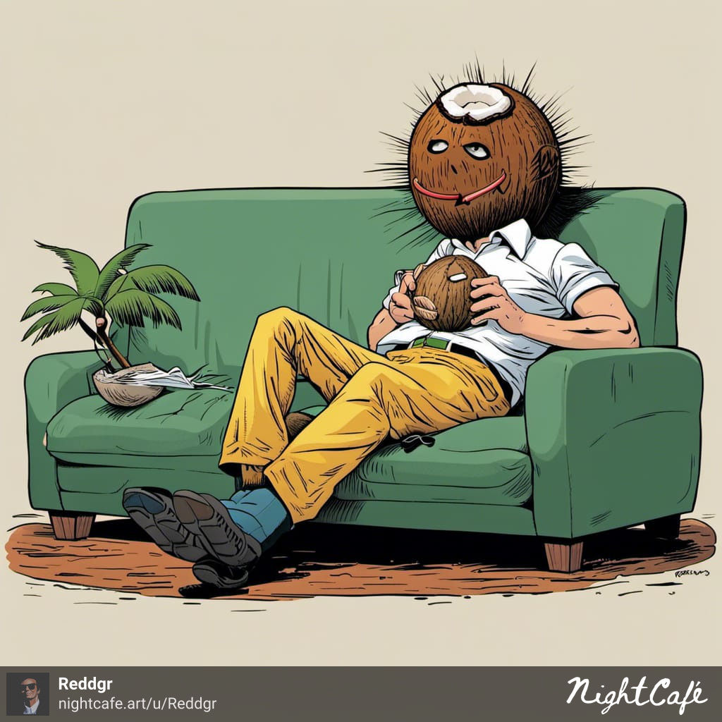 AI-generated image. Comic book style. Man with a coconut head with rudimentary mouth and eyes lying on the couch