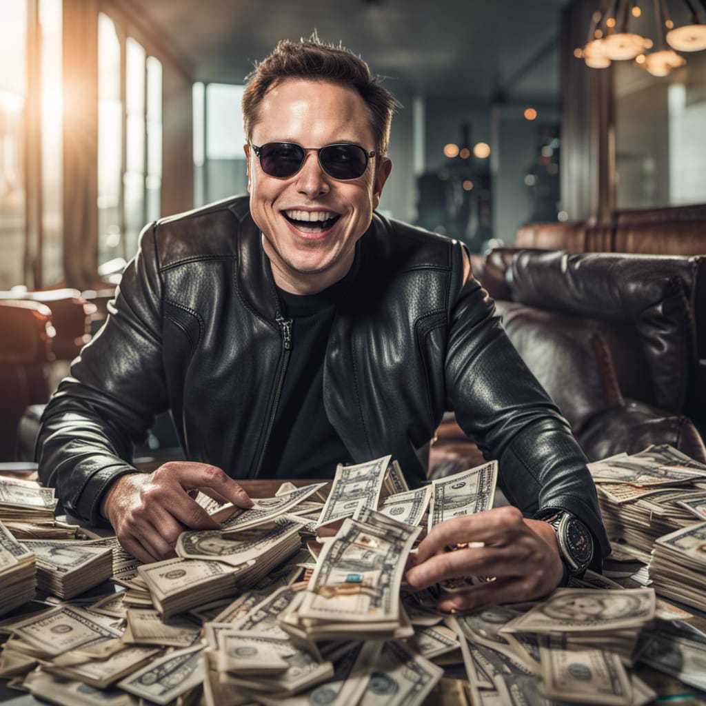 Ai-generated image of someone who looks like Elon Musk. Wearing sunglasses. Wads of banknotes.