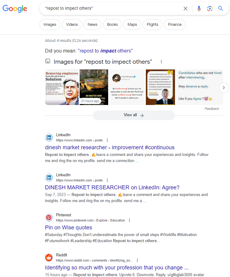 Screen capture of Google web search. Showing search results for "repost to impect others", returning multiple entries and images on popular social media sites: LinkedIn, Pinterest, and RedditDebunking SEO Myths with GenAI