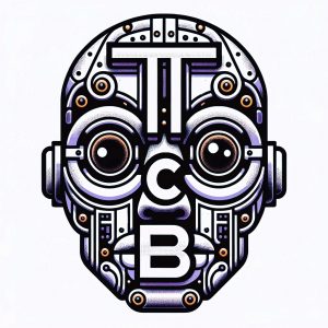 A graphic logo for TalkingToChatBots.com, which is stylized to resemble a robotic face using the letters from the website's name. A double "T" forms the forehead, "C" outlines the eyes, "B" represents the mouth, and other letters and shapes are used to create the details of the face. The design is intricate with a monochromatic purple palette, dotted with orange accents, and has a mechanical aesthetic that aligns with the themes of prompt engineering and chatbot conversations.