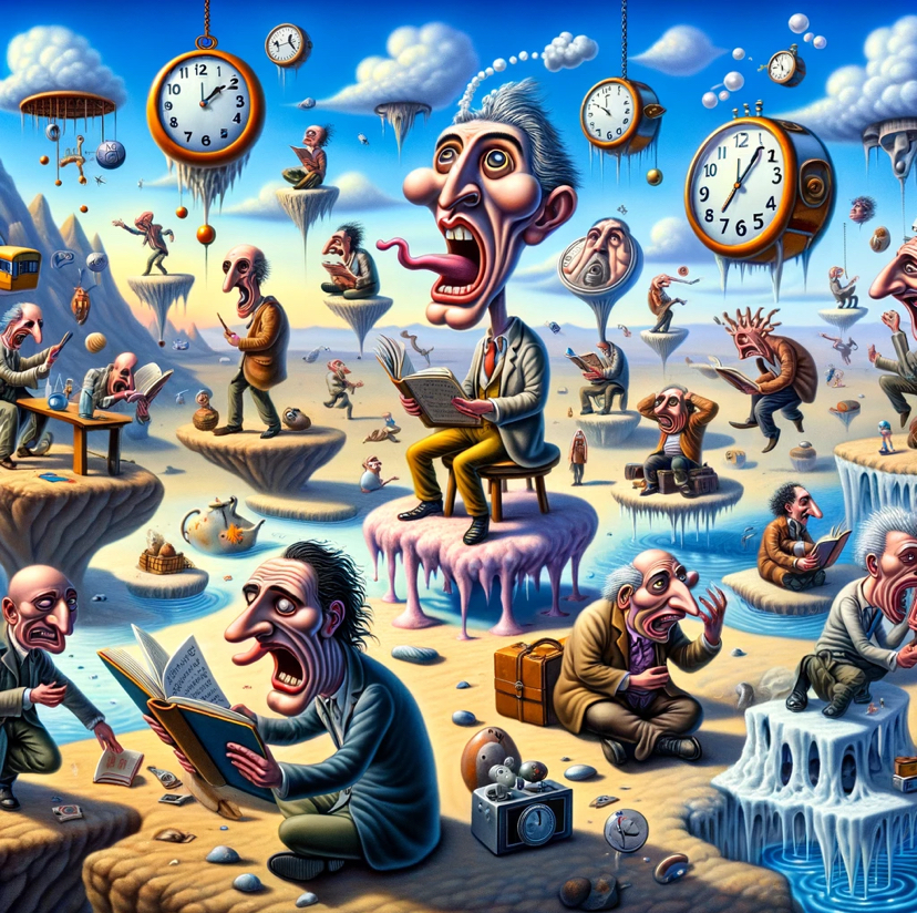 A whimsical, surreal landscape where exaggerated caricatures of people are engaged in absurdly illogical activities, completely unaware of the chaotic and nonsensical world around them. The sky is filled with floating clocks and melting objects, paying homage to Salvador Dali's dream-like surrealism, to represent the distortion of time and reality. The ground is a patchwork of contrasting terrains, like deserts merging into icy fields, symbolizing the erratic nature of their actions and thoughts. These characters, with exaggerated features, are so engrossed in their own bizarre tasks—like attempting to swim in thin air, reading books with invisible pages, or conversing animatedly with inanimate objects—that they embody the peak of self-oblivious lunacy, completely detached from any form of rational self-awareness.