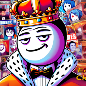 Erudite Chatbot logo. A cartoon king with a large crown and cape, smiling against a purple background surrounded by images of other cartoon figures. [Alt text by ALT Text Artist GPT]