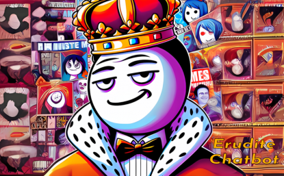 Erudite Chatbot logo. A cartoon king with a large crown and cape, smiling against a purple background surrounded by images of other cartoon figures. [Alt text by ALT Text Artist GPT]
