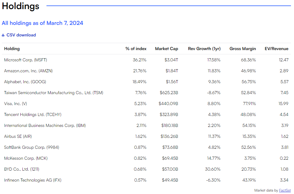 DGRXII holdings table as of March 7, 2024: Microsoft Corp. (MSFT), Amazon.com, Inc. (AMZN), Alphabet, Inc. (GOOG), Taiwan Semiconductor Manufacturing Co., Ltd. (TSM), Visa, Inc. (V), Tencent Holdings Ltd. (TCEHY), International Business Machines Corp. (IBM), Airbus SE (AIR), SoftBank Group Corp. (9984), McKesson Corp. (MCK), BYD Co., Ltd. (1211), and Infineon Technologies AG (IFX)