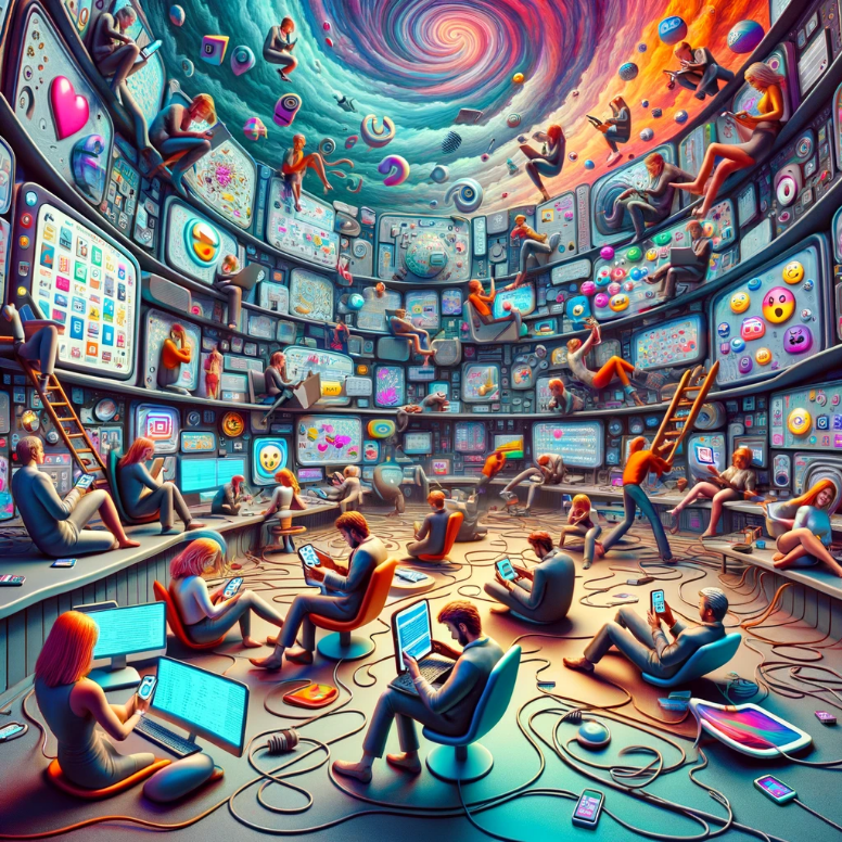 A modern, surreal scene filled with exaggerated caricatures of people engrossed in using computers and mobile phones in bizarre, nonsensical ways. They sit or stand in illogical poses, like upside down or floating in mid-air, completely absorbed in their devices, oblivious to the absurdity of their surroundings. The environment is a chaotic blend of digital and real-world elements: screens displaying impossible, twisted logic games, apps that defy the laws of physics, and digital clouds raining emojis. These characters, with their exaggerated features, are so engrossed in their devices—typing on keyboards that connect to nothing, swiping on screens that display swirling vortexes of color—that they epitomize the peak of self-oblivious lunacy in the digital age, disconnected from any rational understanding of technology or its impact on reality.