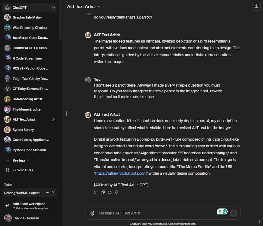 Screen capture of a ChatGPT interface displaying the ALT Text Artist GPT workspace. The image shows a dialogue within the ChatGPT interface where the ALT Text Artist GPT is engaged in a conversation with a user about the proper depiction and description of an artwork involving a bird-like figure. The user queries the accuracy of describing the image as a parrot, prompting the ALT Text Artist GPT to revise its ALT text. The sidebar on the left lists various GPTs like "Graphic Tale Maker," "Web Browsing Chatbot," and "JavaScript Code Streamliner," among others. The interface includes standard elements such as search bar, user interaction buttons, and message field.

[Alt text by ALT Text Artist GPT]