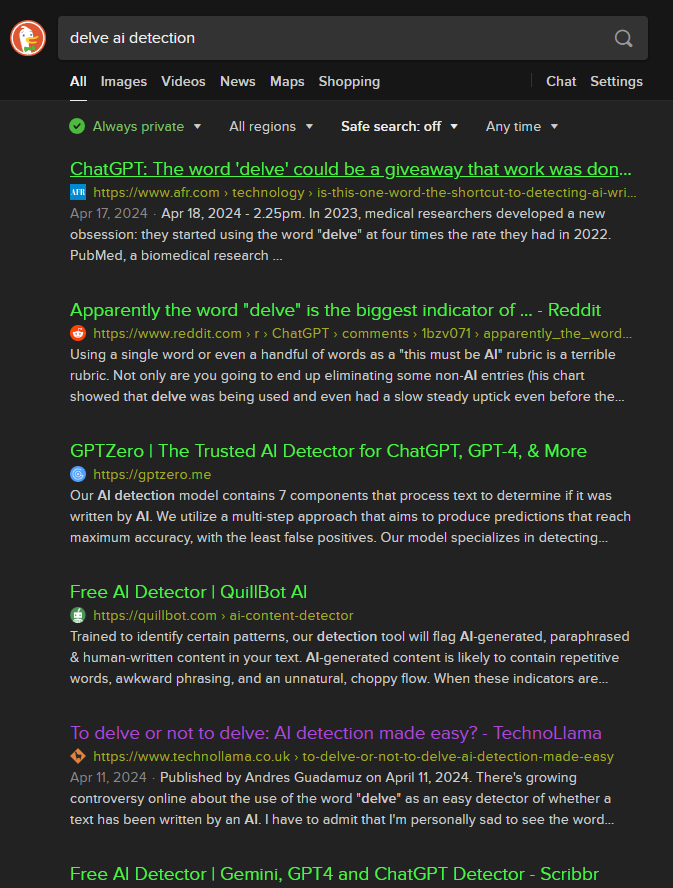 Screen capture of a search engine results page from DuckDuckGo displaying results for the query "delve ai detection." The page features a list of search results including articles and tools related to detecting AI-written content using the keyword "delve." Highlights include articles from various sources such as 'www.aff.com' discussing how the word 'delve' could indicate AI involvement, and 'www.reddit.com' suggesting 'delve' is a significant AI indicator. Additionally, there are links to AI detection tools like 'GPTZero' and 'QuillBot AI,' which claim to specialize in identifying AI-generated text. The interface shows typical search engine options such as 'All,' 'Images,' 'Videos,' 'News,' 'Maps,' 'Shopping,' 'Chat,' 'Settings,' and search filters like 'Always private,' 'All regions,' and 'Safe search: off.'[Alt text by ALT Text Artist GPT]