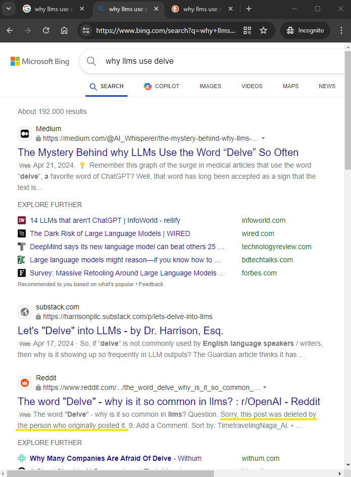 Screen capture of a Bing search results page in light mode showing results for the query "why llms use delve." The results include various articles and a specific Reddit link titled "The word 'Delve' - why is it so common in llms? : r/OpenAI - Reddit," which is highlighted in yellow. The search interface includes options for 'SEARCH,' 'COPILOT,' 'IMAGES,' 'VIDEOS,' 'MAPS,' 'NEWS,' and user settings at the top of the page.