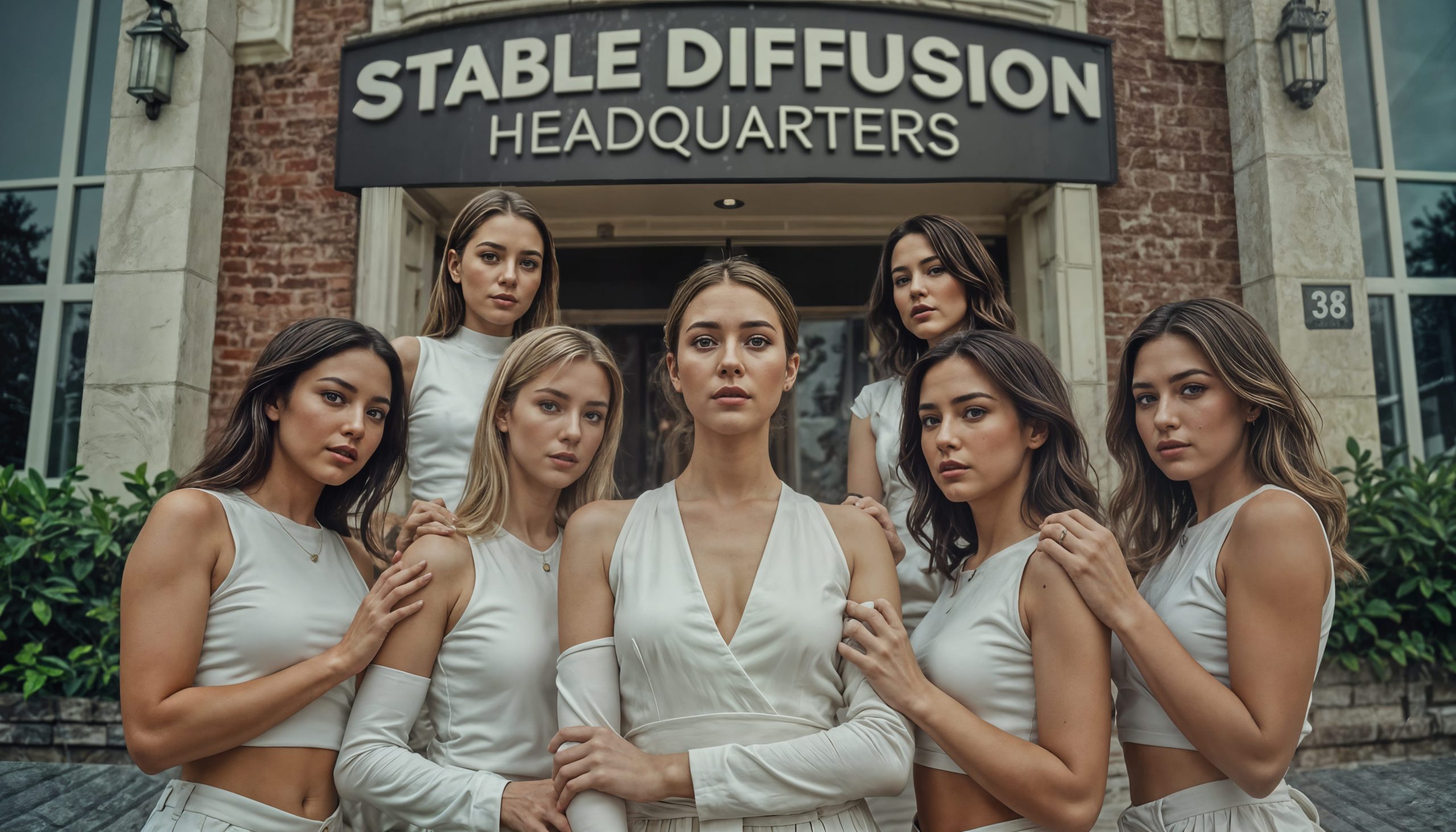 Group photo of seven women wearing matching white outfits standing in front of the Stable Diffusion Headquarters. The building features a brick facade and white stone columns. The women have serious expressions and are arranged in two rows, with one woman in the center slightly ahead of the others. [Alt text by ALT Text Artist GPT]