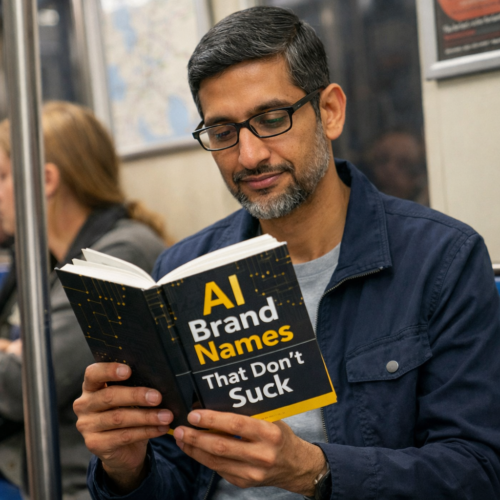 AI-generated Photo of Sundar Pichai wearing glasses and a dark jacket, seated inside a subway car, holding an open book with visible cover text AI Brand Names That Don’t Suck, black cover with yellow and white lettering and circuit-style graphic pattern, metal pole and blurred passengers in background.
Alt text by ALT Text Artist GPT