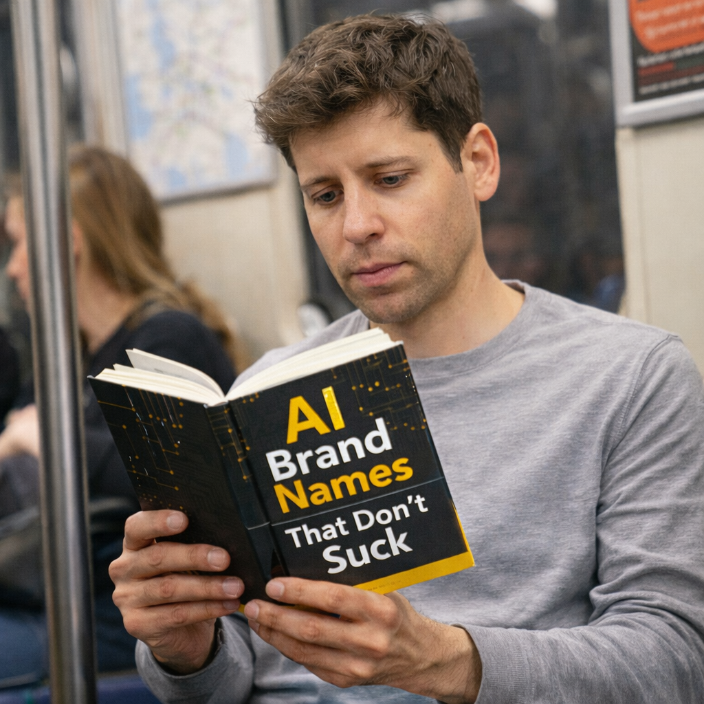 AI-generated Photo of Sam Altman with short brown hair and light skin, inside a subway car, gray long sleeve shirt, hands holding an open book with visible cover text AI Brand Names That Don’t Suck, black cover with yellow and white lettering and circuit-style graphic pattern, vertical metal pole at left, blurred passenger and transit map in background.
Alt text by ALT Text Artist GPT