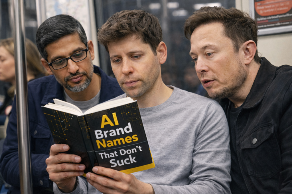 Photo of Sundar Pichai, Sam Altman and Elon Musk seated closely on public transit, three men holding and viewing an open book with cover text AI Brand Names That Don’t Suck, black cover with yellow and white lettering, subway interior with metal pole, window reflections, other passengers in background
Alt text by ALT Text Artist GPT