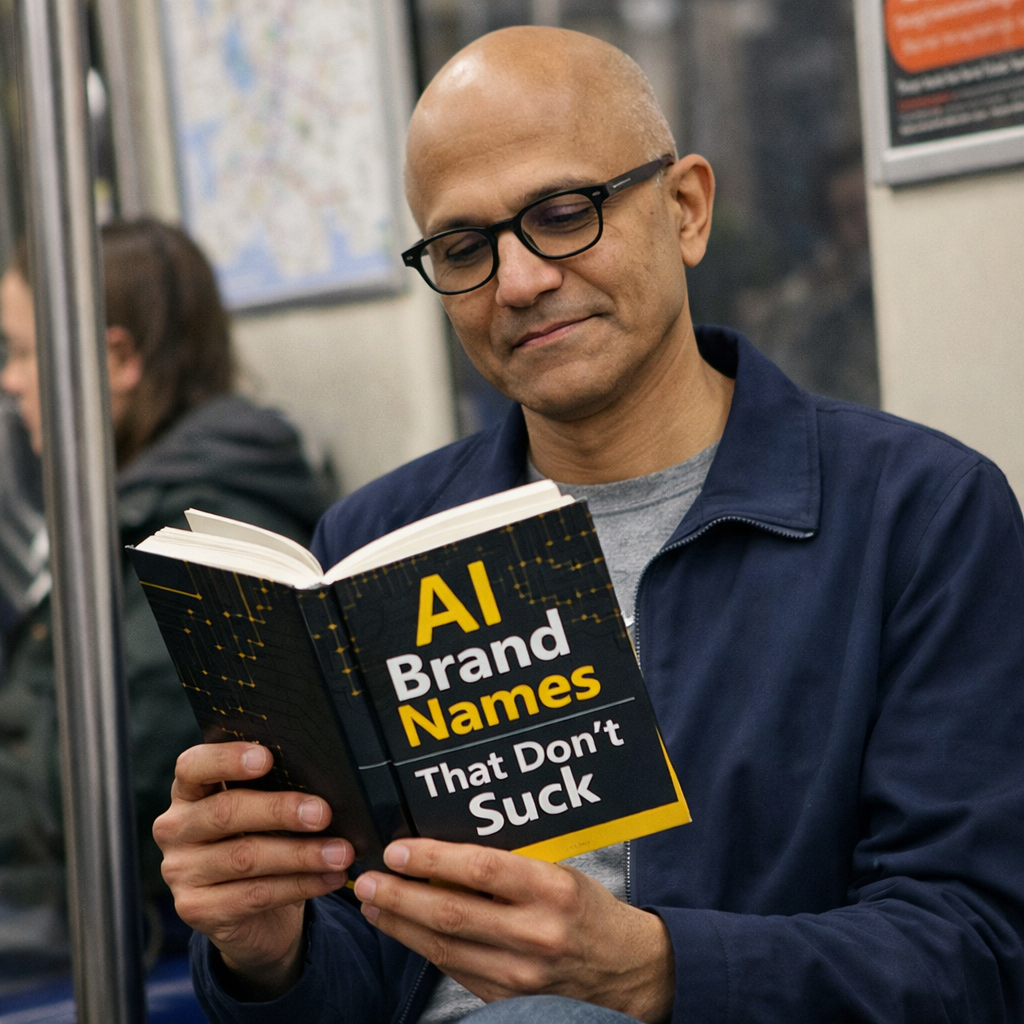 AI-generated photo of Satya Nadella with bald head and glasses, seated inside a subway car, dark jacket over gray shirt, hands holding an open book with visible cover text AI Brand Names That Don’t Suck, black cover with yellow and white lettering and circuit-style graphic pattern, vertical metal pole at left, blurred passenger and transit map in background.
Alt text by ALT Text Artist GPT
