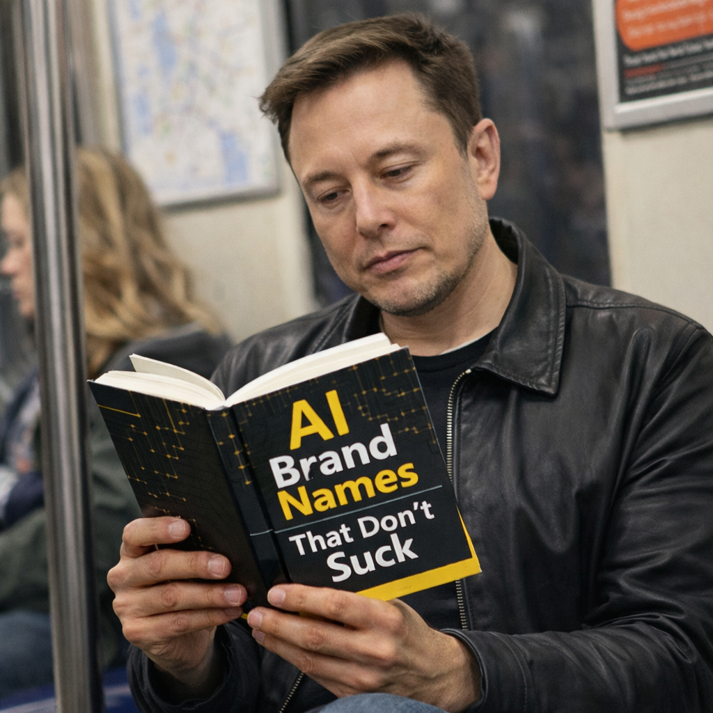 AI-generated Photo of Elon Musk with short brown hair and light skin, seated inside a subway car, black leather jacket, hands holding an open book with visible cover text AI Brand Names That Don’t Suck, black cover with yellow and white lettering and circuit-style graphic pattern, vertical metal pole at left, blurred passenger and transit map in background.
Alt text by ALT Text Artist GPT