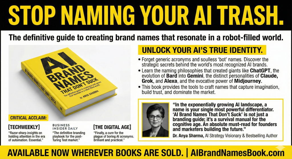 Promotional graphic with black and white background and yellow accents, headline text STOP NAMING YOUR AI TRASH., subtitle text The definitive guide to creating brand names that resonate in a robot-filled world., left section with angled yellow book cover showing title AI BRAND NAMES THAT DON’T SUCK and subtitle The definitive guide to creating brand names that resonate in a robot-filled world. and author name Dr. Anya Sharma, right section header UNLOCK YOUR AI’S TRUE IDENTITY., bullet point text Forget generic acronyms and soulless ‘bot’ names. Discover the strategic secrets behind the world’s most recognized AI brands. Learn the naming philosophies that created giants like ChatGPT, the evolution of Bard into Gemini, the distinct personalities of Claude, Grok, and Alexa, and the evocative power of Midjourney. This book provides the tools to craft names that capture imagination, build trust, and dominate the market., testimonial box with portrait photo and quote text In the exponentially growing AI landscape, a name is your single most powerful differentiator. ‘AI Brand Names That Don’t Suck’ is not just a branding guide; it’s a survival manual for the cognitive age. An absolute must-read for founders and marketers building the future. Dr. Anya Sharma, AI Strategy Visionary & Bestselling Author, critical acclaim section with labels TECHWEEKLY Razor-sharp insights on holding attention in the era of automation. Essential., BUSINESS INSIDER DAILY The definitive branding playbook for the post-Turing Test market., THE DIGITAL AGE Finally, a cure for the plague of boring AI acronyms. Brilliant and practical., footer text AVAILABLE NOW WHEREVER BOOKS ARE SOLD. AIBrandNamesBook.com
Alt text by ALT Text Artist GPT
