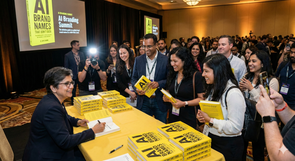 Photo of a book signing event in a conference hall with a long table covered in yellow tablecloth and stacks of yellow books titled AI Brand Names That Don’t Suck, a seated author signing copies with a black marker, attendees standing in line holding the same book, several people wearing conference badges, a photographer with camera and flash, and large presentation screens in the background displaying the book cover and text AI BRANDING SUMMIT and AI Branding Summit, with additional visible book cover text AI Brand Names That Don’t Suck.
Alt text by ALT Text Artist GPT
