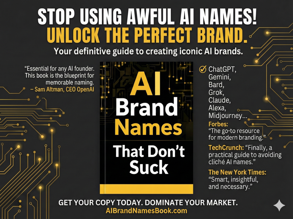 Promotional graphic for a book with black background and gold circuit pattern, headline text STOP USING AWFUL AI NAMES! UNLOCK THE PERFECT BRAND. subtitle text Your definitive guide to creating iconic AI brands, centered book cover with title AI Brand Names That Don’t Suck in white and gold text, testimonial text on left Essential for any AI founder. This book is the blueprint for memorable naming. Sam Altman, CEO OpenAI, list on right ChatGPT, Gemini, Bard, Grok, Claude, Alexa, Midjourney, endorsement text Forbes The go-to resource for modern branding. TechCrunch Finally, a practical guide to avoiding cliché AI names. The New York Times Smart, insightful, and necessary. call to action text at bottom GET YOUR COPY TODAY. DOMINATE YOUR MARKET. AIBrandNamesBook.com
Alt text by ALT Text Artist GPT
