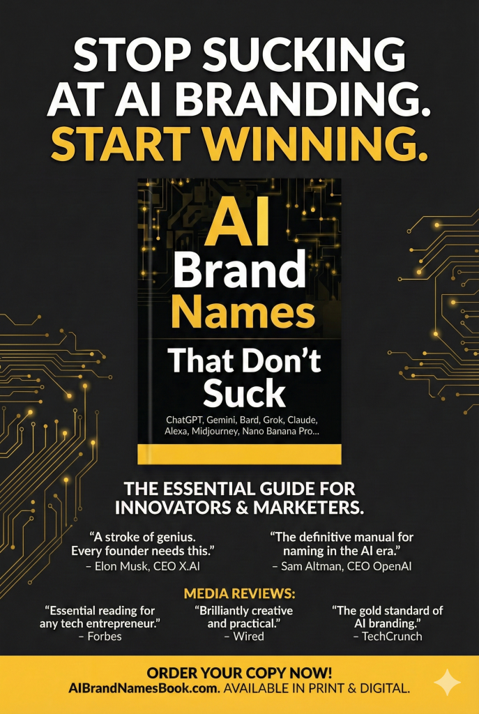 Promotional graphic with black background and gold circuit pattern, headline text STOP SUCKING AT AI BRANDING. START WINNING., centered book cover with title AI Brand Names That Don’t Suck in white and gold text, subtitle text on book cover ChatGPT, Gemini, Bard, Grok, Claude, Alexa, Midjourney, Nano Banana Pro…, section text THE ESSENTIAL GUIDE FOR INNOVATORS & MARKETERS., testimonial text “A stroke of genius. Every founder needs this.” – Elon Musk, CEO X.AI, testimonial text “The definitive manual for naming in the AI era.” – Sam Altman, CEO OpenAI, media reviews heading MEDIA REVIEWS:, review text “Essential reading for any tech entrepreneur.” – Forbes, review text “Brilliantly creative and practical.” – Wired, review text “The gold standard of AI branding.” – TechCrunch, call to action text ORDER YOUR COPY NOW! AIBrandNamesBook.com AVAILABLE IN PRINT & DIGITAL.
Alt text by ALT Text Artist GPT
