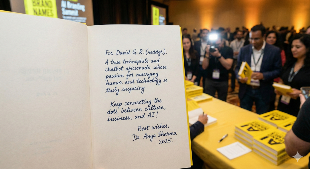 Photo of an open book held in the foreground, right page showing handwritten dedication text For David G. R. (reddgr), A true technophile and chatbot aficionado, whose passion for marrying humor and technology is truly inspiring. Keep connecting the dots between culture, business, and AI! Best wishes, Dr. Anya Sharma. 2025., background showing a book signing event with a yellow tablecloth, stacks of yellow books titled AI Brand Names That Don’t Suck, attendees standing in line holding books, a photographer with camera flash, and conference screens displaying AI Brand Names That Don’t Suck and AI Branding Summit.
Alt text by ALT Text Artist GPT
