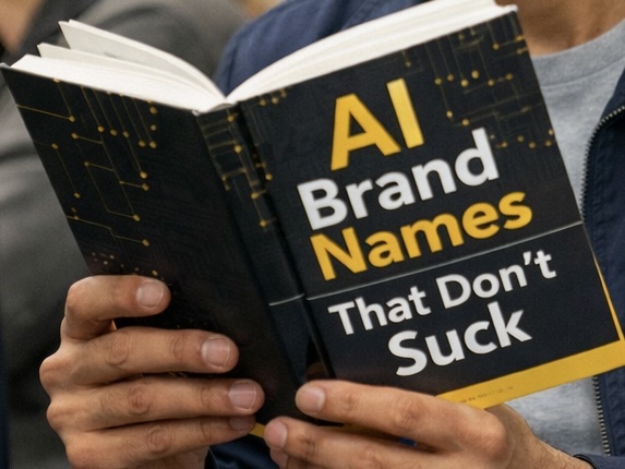 Photo of hands holding an open paperback book with black cover and yellow circuit pattern, front cover text AI Brand Names That Don’t Suck, partial view of gray clothing and blurred background.
Alt text by ALT Text Artist GPT
