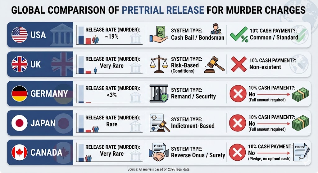 Infographic titled βGlobal comparison of pretrial release for murder chargesβ comparing five countries with rows including country name, flag, release rate, system type, and 10% cash payment status. USA row shows βUSA,β United States flag, βRelease rate (murder): ~19%,β βSystem type: Cash bail / bondsman,β and β10% cash payment?: Common / standardβ with a green check icon. UK row shows βUK,β United Kingdom flag, βRelease rate (murder): Very rare,β βSystem type: Risk-based (conditions),β and β10% cash payment?: Non-existentβ with a red X icon. Germany row shows βGermany,β German flag, βRelease rate (murder): <3%,β βSystem type: Remand / security,β and β10% cash payment?: No (full amount required)β with a red X icon. Japan row shows βJapan,β Japanese flag, βRelease rate (murder): Rare,β βSystem type: Indictment-based,β and β10% cash payment?: No (full amount required)β with a red X icon. Canada row shows βCanada,β Canadian flag, βRelease rate (murder): Very rare,β βSystem type: Reverse onus / surety,β and β10% cash payment?: No (pledge, no upfront cash)β with a red X icon. Footer text reads βSource: AI analysis based on 2026 legal data.β
Alt text by ALT Text Artist GPT