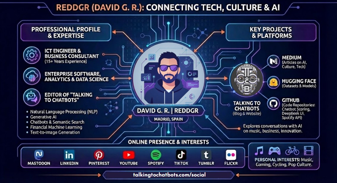 Digital infographic titled “Reddgr (David G. R.): connecting tech, culture & AI” with a central illustrated avatar labeled “David G. R. | Reddgr” and “Madrid, Spain,” surrounded by circuit-style graphics and arrows pointing to sections. Left section titled “Professional profile & expertise” listing “ICT engineer & business consultant (15+ years experience),” “Enterprise software, analytics & data science,” “Editor of ‘Talking to Chatbots’,” followed by the text “Natural language processing (NLP), generative AI, chatbots & semantic search, financial machine learning, text-to-image generation.” Right section titled “Key projects & platforms” listing “Medium (articles on AI, culture, tech),” “Hugging Face (datasets & models),” “GitHub (code repositories: chatbot scoring, DeepSeek UI, Spotify API),” and “Talking to Chatbots (blog & website),” with the sentence “Explores conversations with AI on music, business, innovation.” Bottom section titled “Online presence & interests” showing platform icons and labels “Mastodon, LinkedIn, Pinterest, YouTube, Spotify, TikTok, Tumblr, Flickr,” and a box reading “Personal interests: music, gaming, cycling, pop culture.” Footer text “talkingtochatbots.com/social.” Alt text by ALT Text Artist GPT